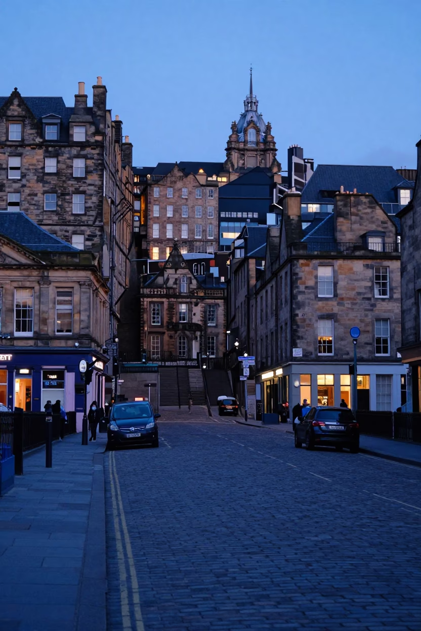 Edinburgh Dawn Street Scene with Historic Stone Architecture and Early Morning Activity in in Edinburgh, United Kingdom