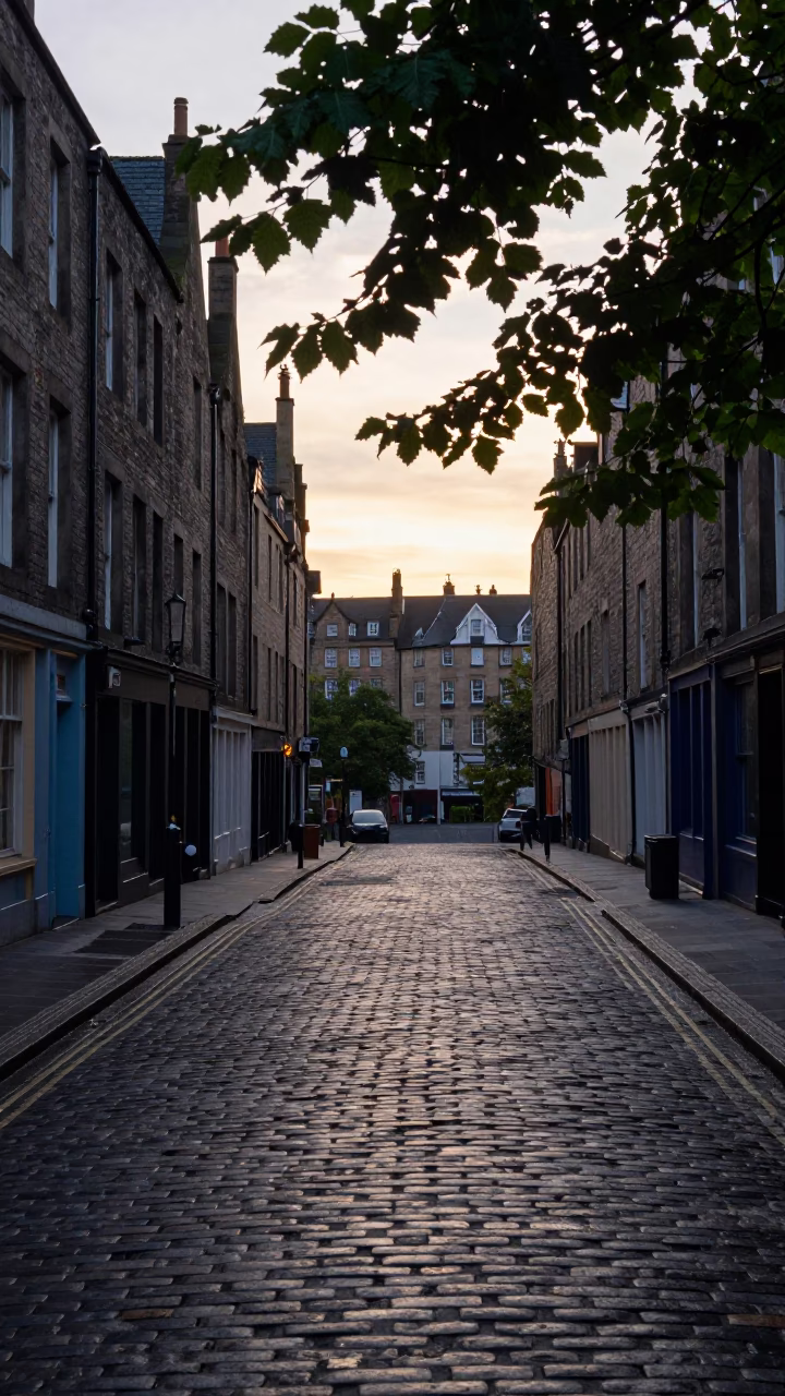 Edinburgh Dawn Street Scene with Leaf Shadows and Paint Flecks in in Edinburgh, United Kingdom