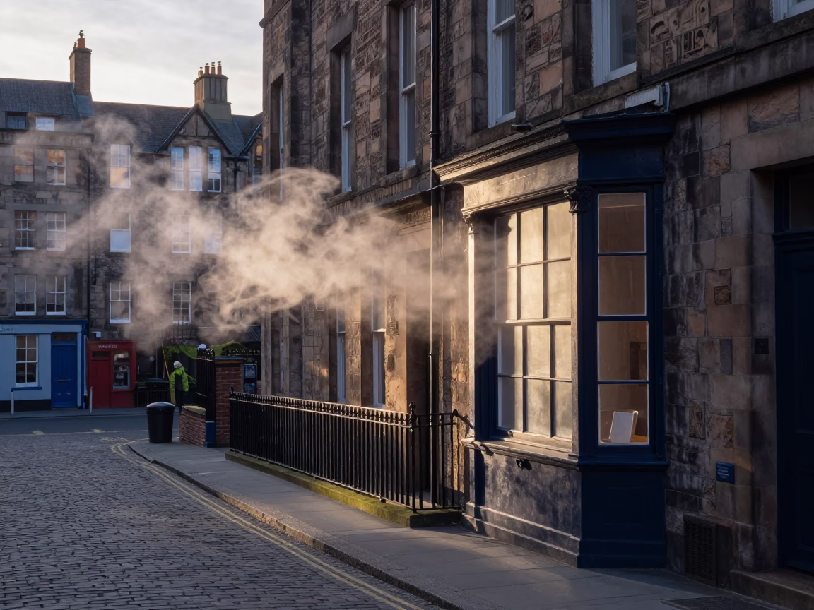 Edinburgh Dawn Street Scene with Steam Clouding Window and Coffee Mugs in in Edinburgh, United Kingdom