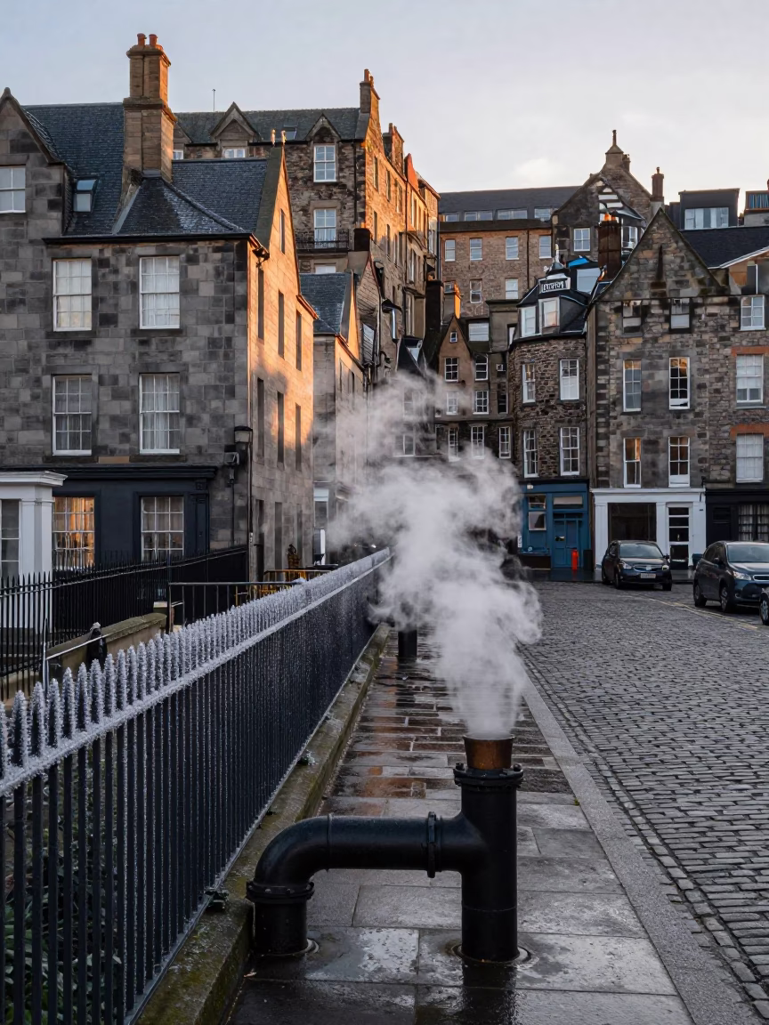 Edinburgh Dawn Street Scene with Steaming Heating Pipe and Frosty Urban Atmosphere in in Edinburgh, United Kingdom