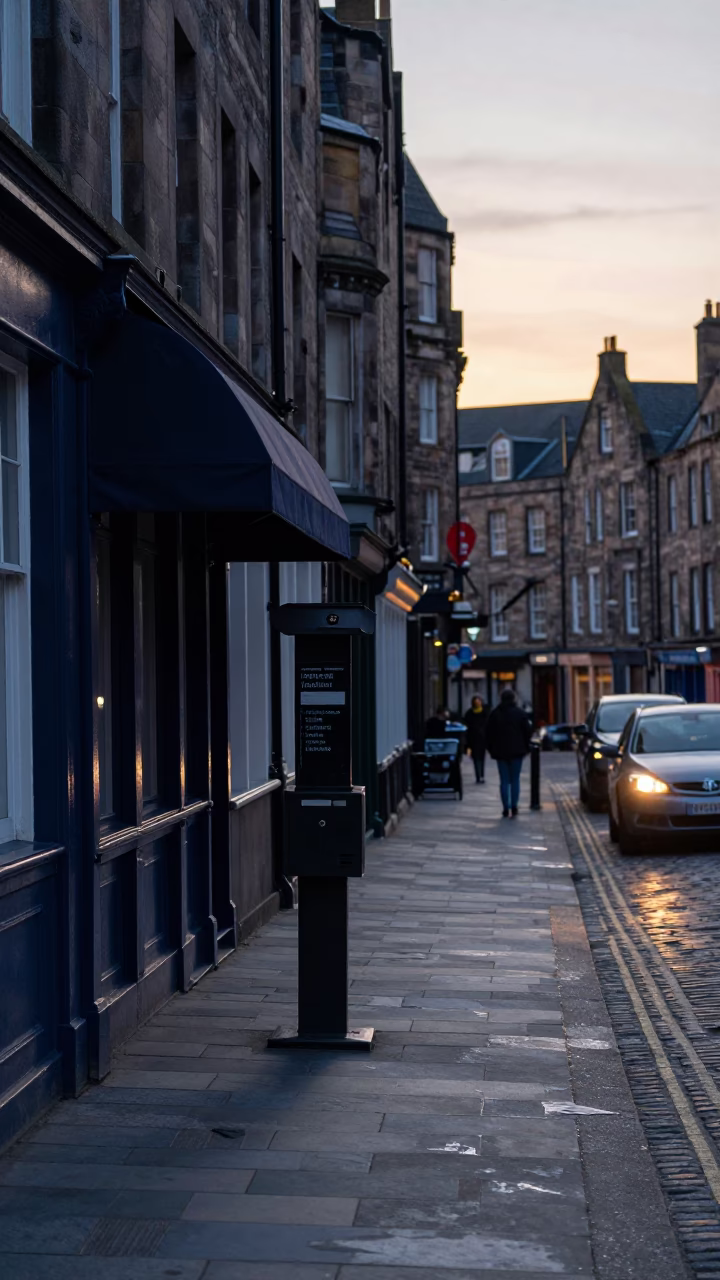 Edinburgh Dawn Street Scene with Valet Stand and Headlight Reflections in in Edinburgh, United Kingdom