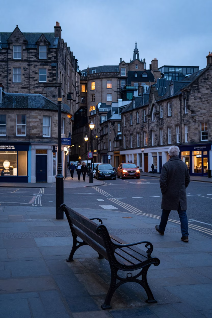 Edinburgh Dawn Street Scene with Vintage Park Bench and Local Morning Routine in in Edinburgh, United Kingdom