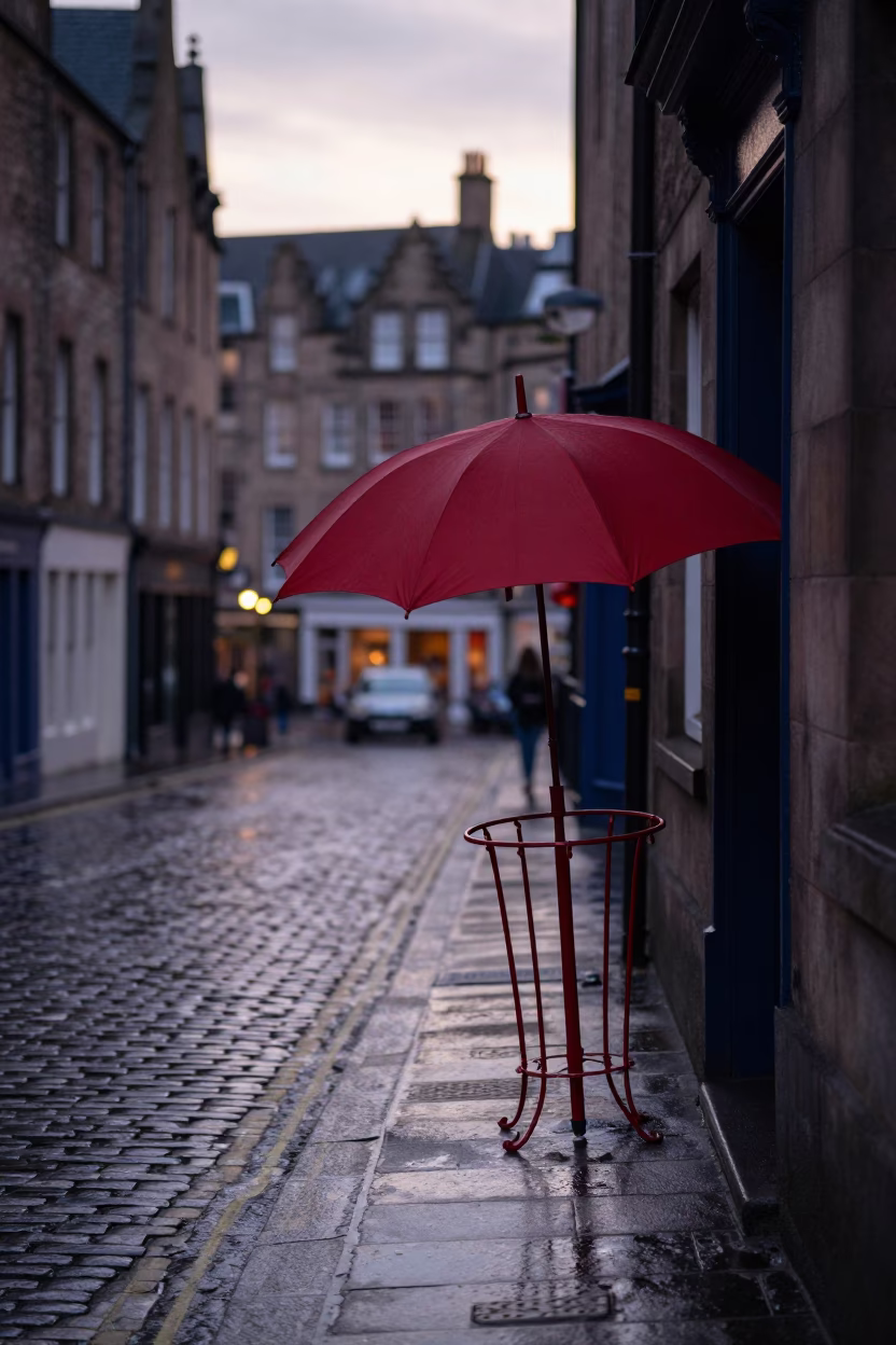 Edinburgh Dawn Street Scene with Vintage Red Umbrella Stand and Wet Cobblestones in in Edinburgh, United Kingdom