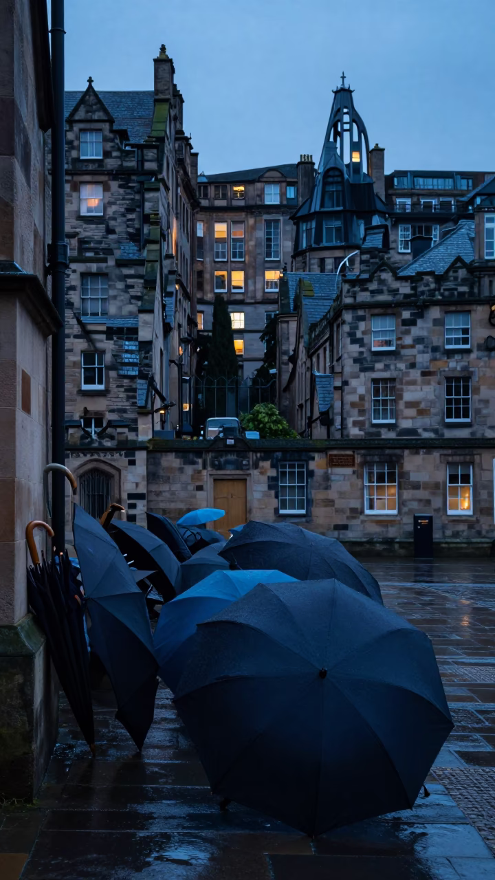Edinburgh Dawn Umbrella Cluster in University Courtyard Before Sunrise in in Edinburgh, United Kingdom