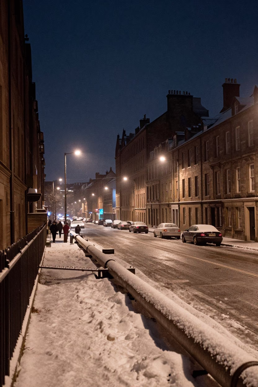 Edinburgh District Heating Corridor Night Snow 1960s Vintage Urban Scene in in Edinburgh, United Kingdom