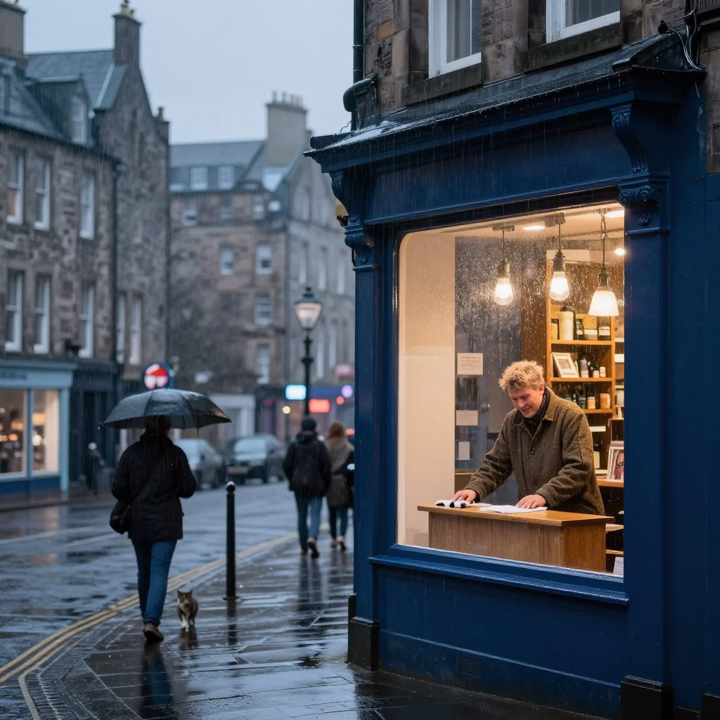 Edinburgh Dusk Light Rain Street Scene with Local Shopkeeper and Cat in in Edinburgh, United Kingdom