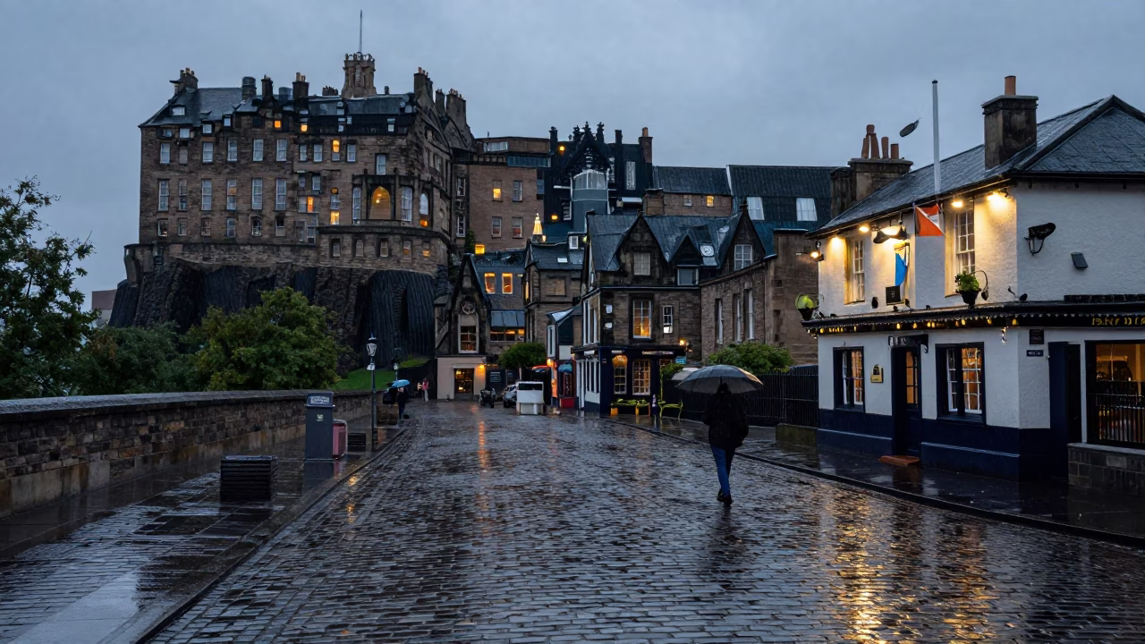 Edinburgh Dusk Rain Reflections on Cobblestones Near Castle in in Edinburgh, United Kingdom