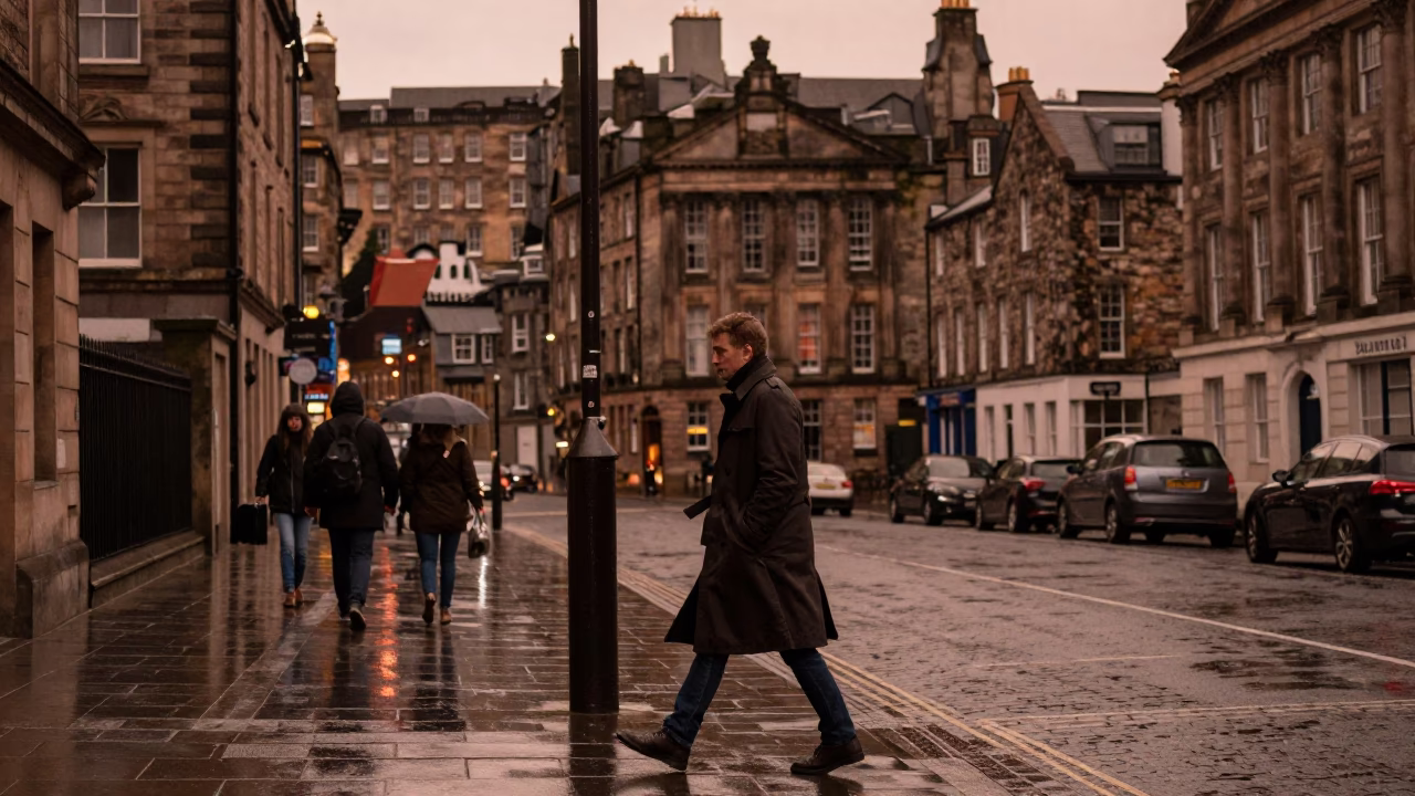 Edinburgh Dusk Street Scene with Vintage Coat and Urban Details in in Edinburgh, United Kingdom