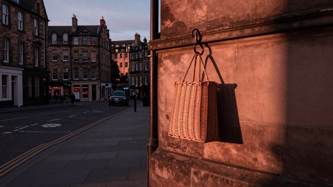 Edinburgh Dusk Street Scene with Wicker Bag Shadow and Iron Hook Plate in in Edinburgh, United Kingdom