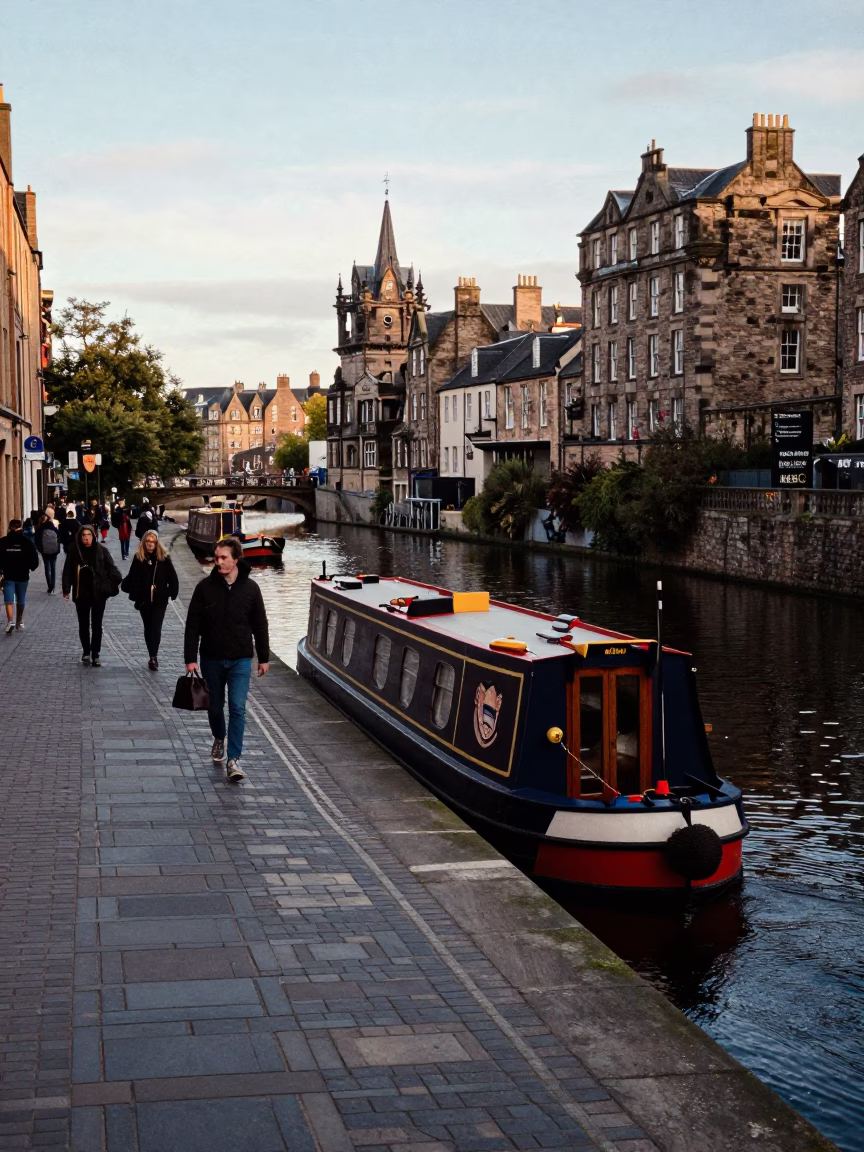 Edinburgh Early Afternoon Street Scene with Cargo Barge on Union Canal and Local Pedestrians in in Edinburgh, United Kingdom