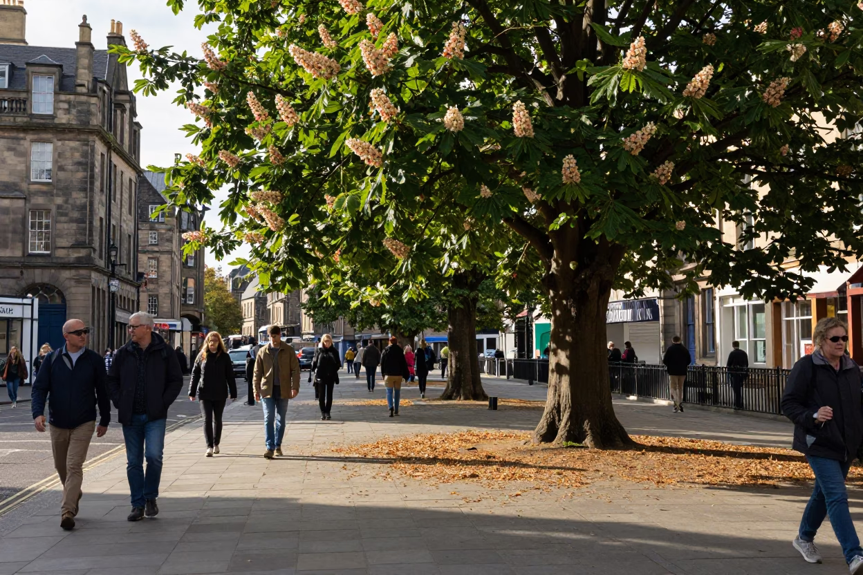 Edinburgh Early Afternoon Street Scene with Chestnut Tree Husks and Local Life in in Edinburgh, United Kingdom