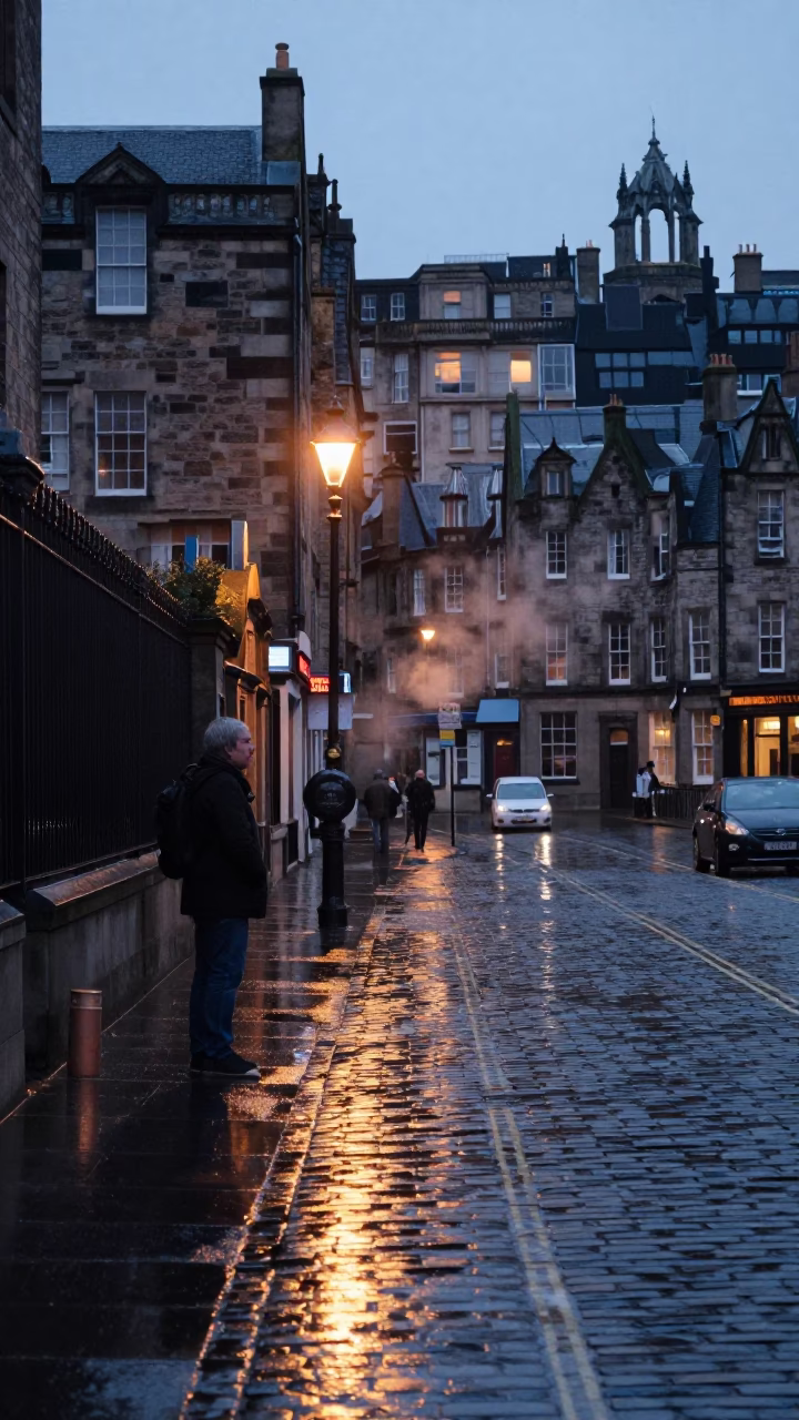 Edinburgh Early Evening Street Scene with Condensation on Glass and Local Details in in Edinburgh, United Kingdom