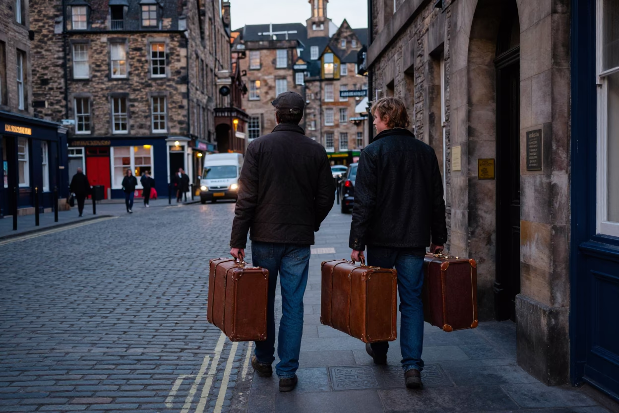 Edinburgh Early Evening Street Scene with Luggage and Historic Architecture in in Edinburgh, United Kingdom