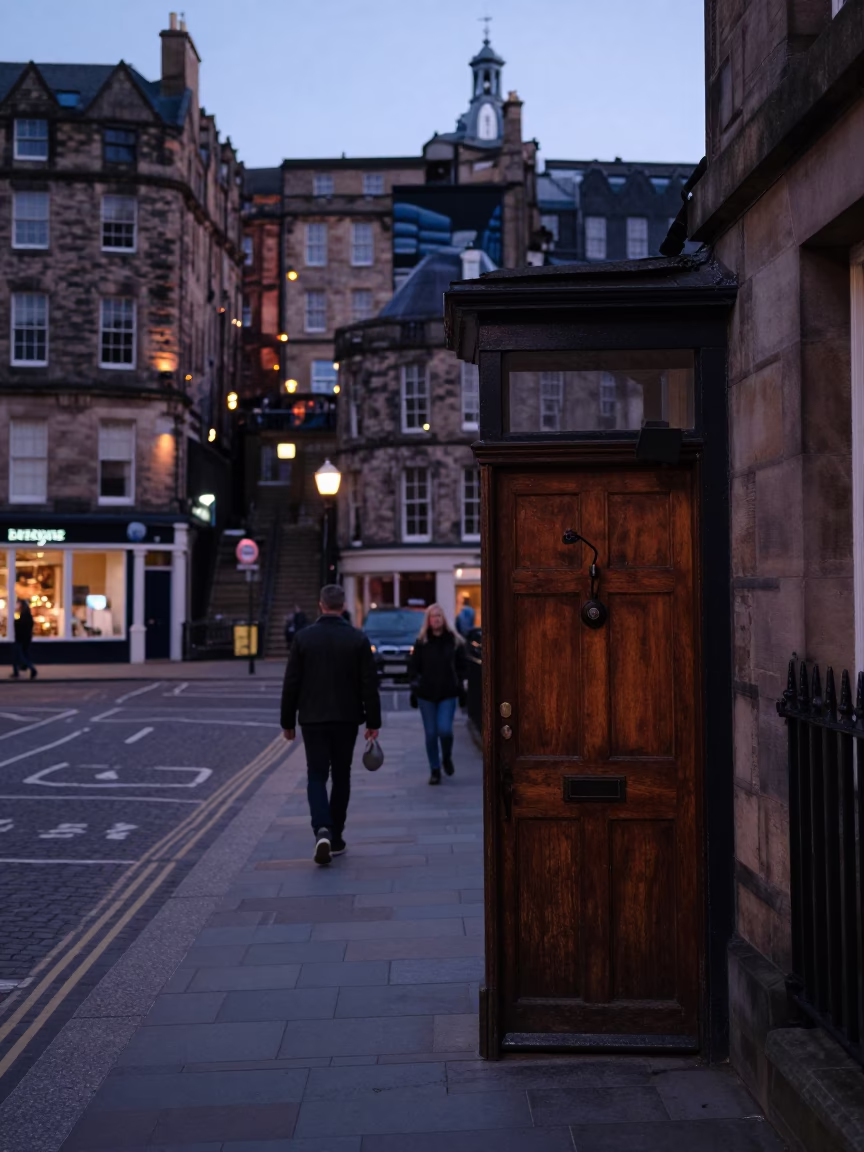 Edinburgh Early Evening Street Scene with Whisk and Door Handle Details in in Edinburgh, United Kingdom