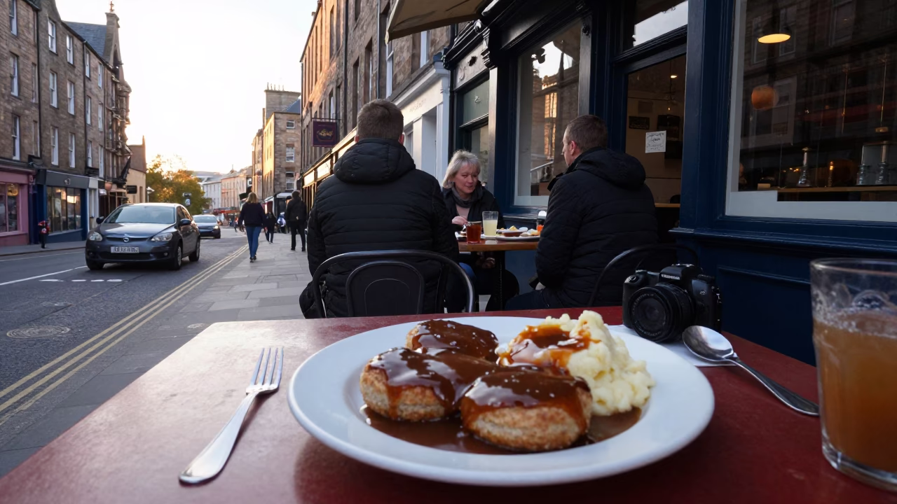 Edinburgh Early Morning Street Scene with Traditional Breakfast and Local Atmosphere in in Edinburgh, United Kingdom