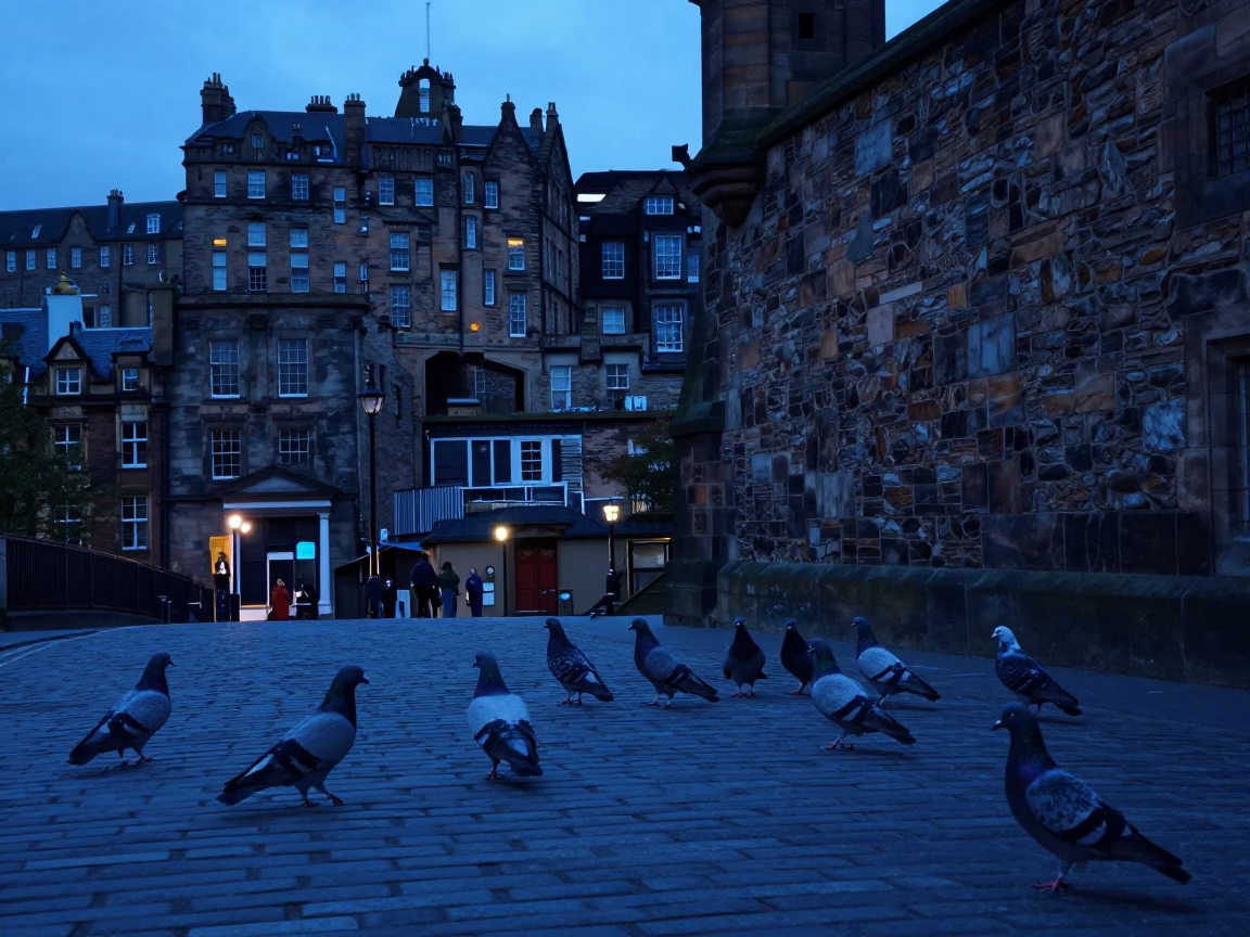 Edinburgh Evening Blue Hour Pigeons on Cobblestones Near Castle Rock in in Edinburgh, United Kingdom