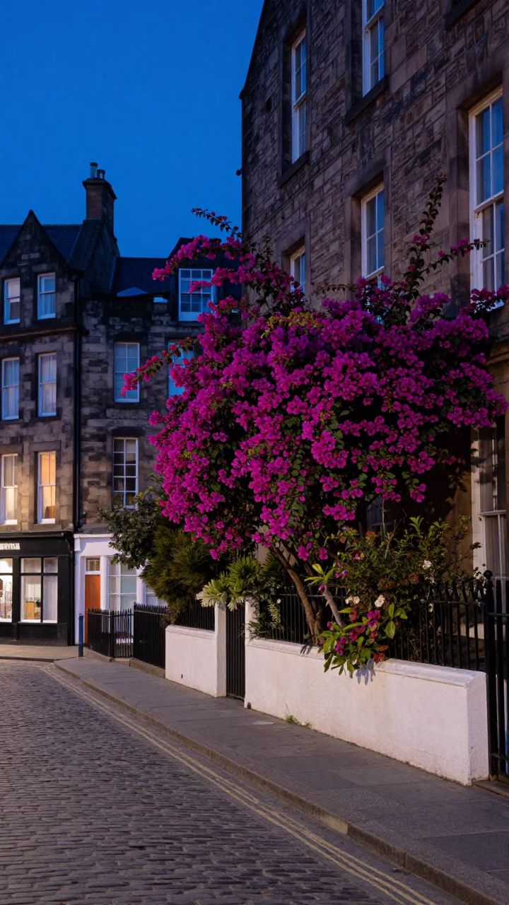 Edinburgh Evening Blue Hour Street Scene with Bougainvillea and Urban Details in in Edinburgh, United Kingdom