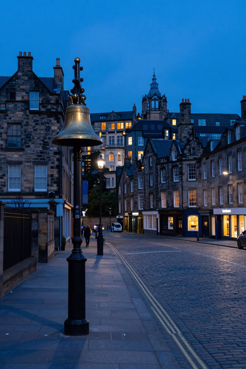 Edinburgh Evening Blue Hour Street Scene with Brass Bell and Cup in in Edinburgh, United Kingdom