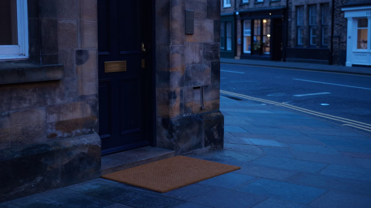 Edinburgh Evening Blue Hour Street Scene with Doormat and Local Interaction in in Edinburgh, United Kingdom