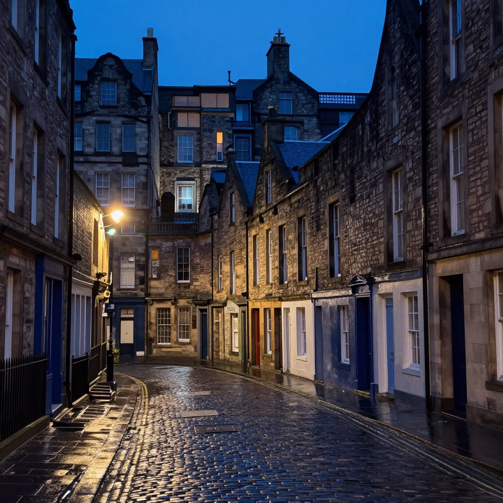 Edinburgh Evening Blue Hour Street Scene with Vintage Details in in Edinburgh, United Kingdom