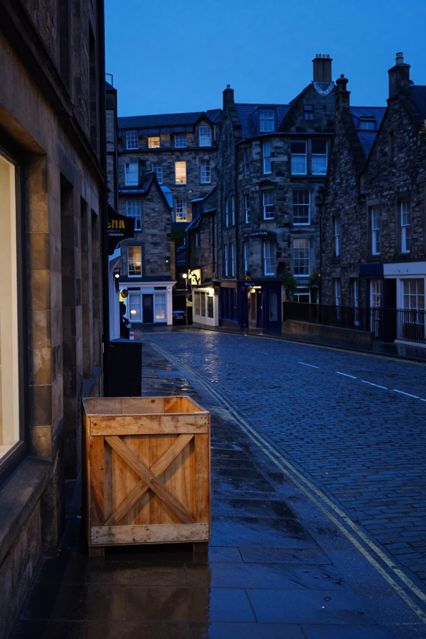 Edinburgh Evening Blue Hour Street Scene with Wooden Crate and Urban Details in in Edinburgh, United Kingdom