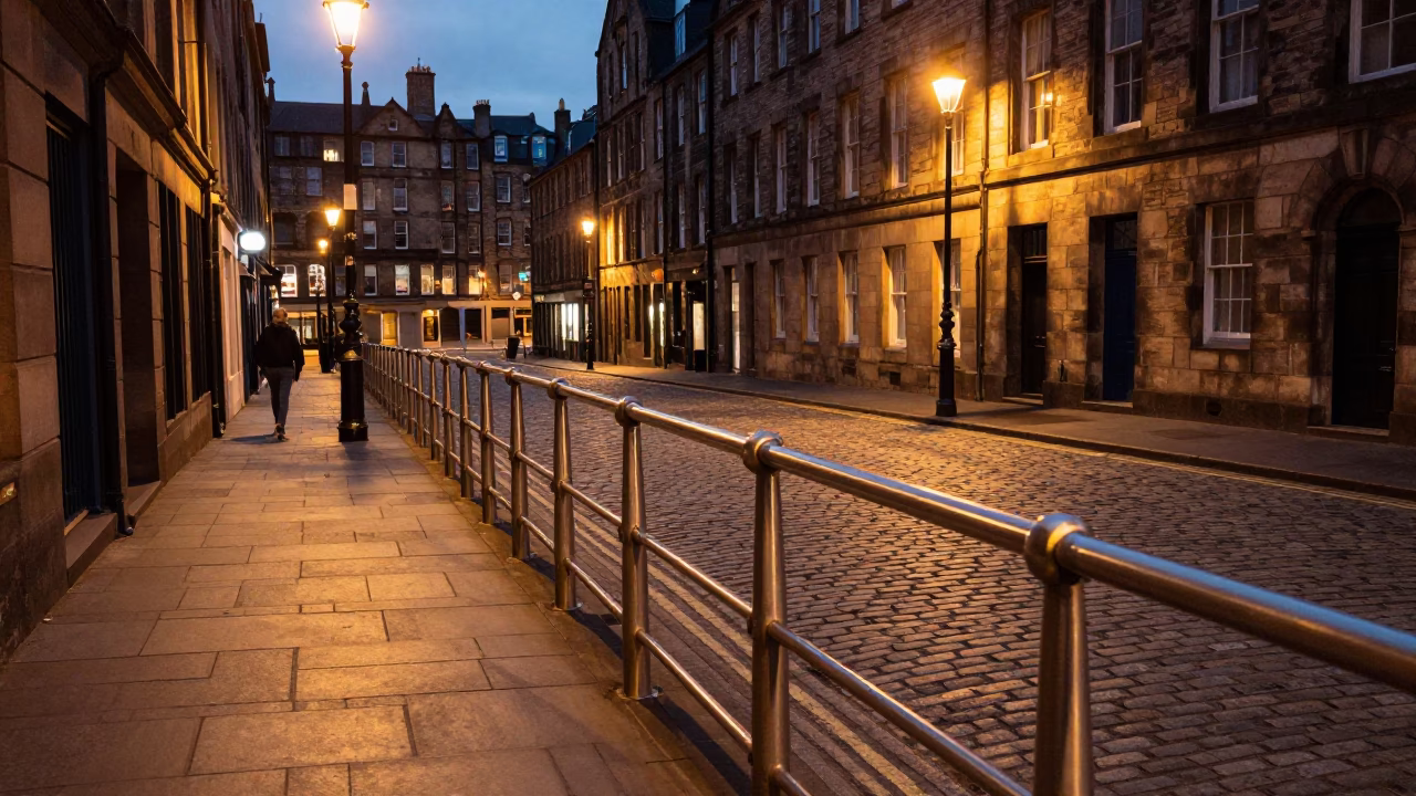 Edinburgh Evening Street Scene with Brushed Steel Rail and Cafe Window Smudges in in Edinburgh, United Kingdom