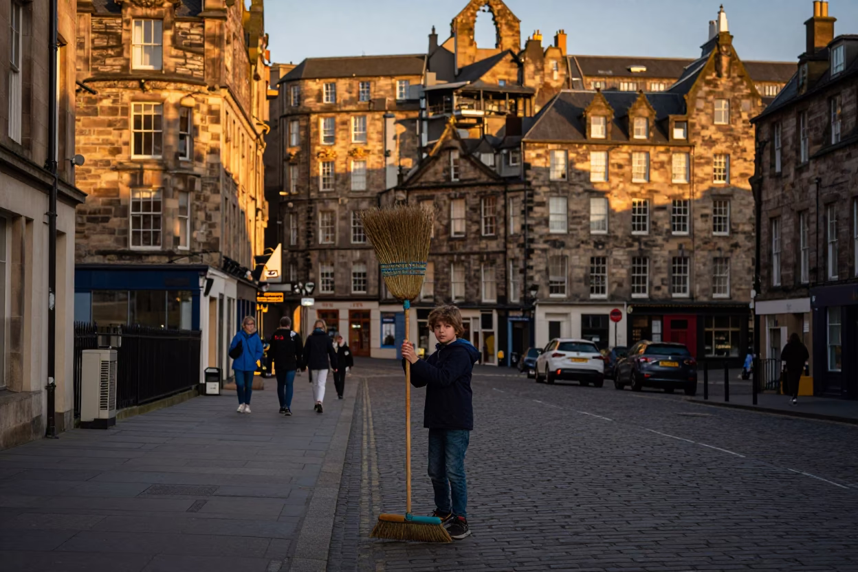 Edinburgh Evening Street Scene with Child and Hand Broom in Honeyed Light in in Edinburgh, United Kingdom