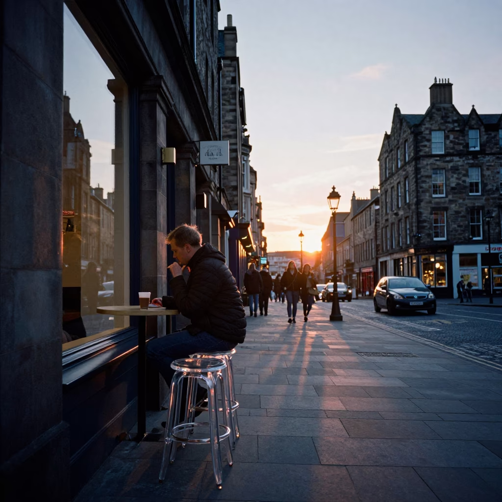 Edinburgh Evening Street Scene with Clear Glass Stool and Vintage 1970s Atmosphere in in Edinburgh, United Kingdom