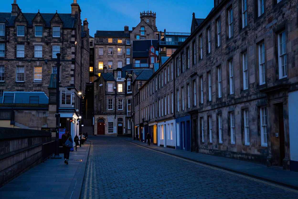 Edinburgh Evening Street Scene with Cobblestones and Historic Architecture in Blue Hour in in Edinburgh, United Kingdom