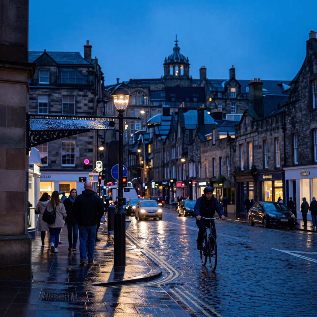 Edinburgh Evening Street Scene with Condensation on Metal Bracket and Urban Life in in Edinburgh, United Kingdom