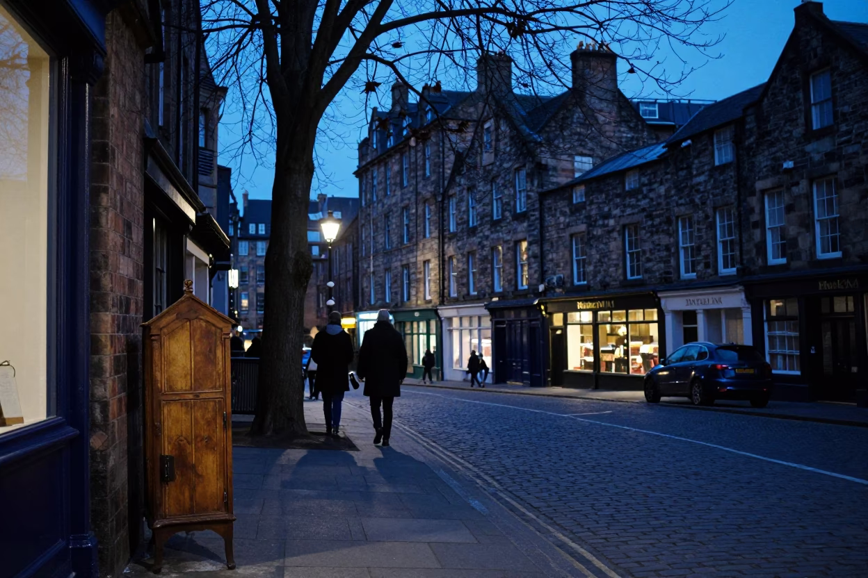 Edinburgh Evening Street Scene with Copper Beech and Vintage Details in in Edinburgh, United Kingdom