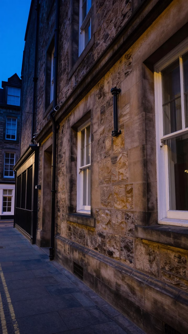 Edinburgh Evening Street Scene with Deadbolt and Plaster Details in Blue Hour Light in in Edinburgh, United Kingdom