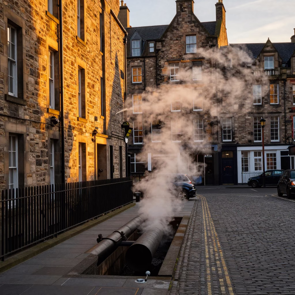 Edinburgh Evening Street Scene with District Heating Pipes and Autumn Leaves in in Edinburgh, United Kingdom