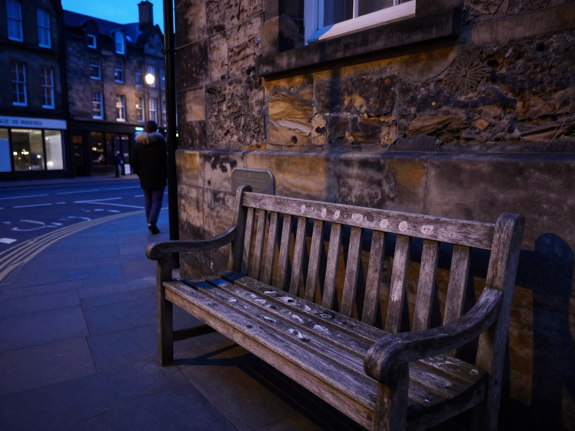 Edinburgh Evening Street Scene with Fingerprints on Bench Slat in Blue Light in in Edinburgh, United Kingdom