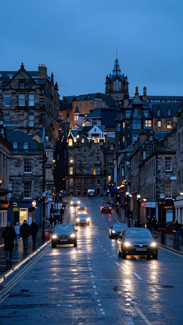 Edinburgh evening street scene with historic stone architecture and car headlights at dusk in in Edinburgh, United Kingdom