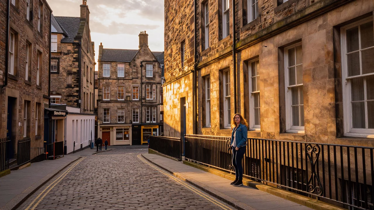 Edinburgh Evening Street Scene with Honeyed Light and Local Pedestrians in in Edinburgh, United Kingdom