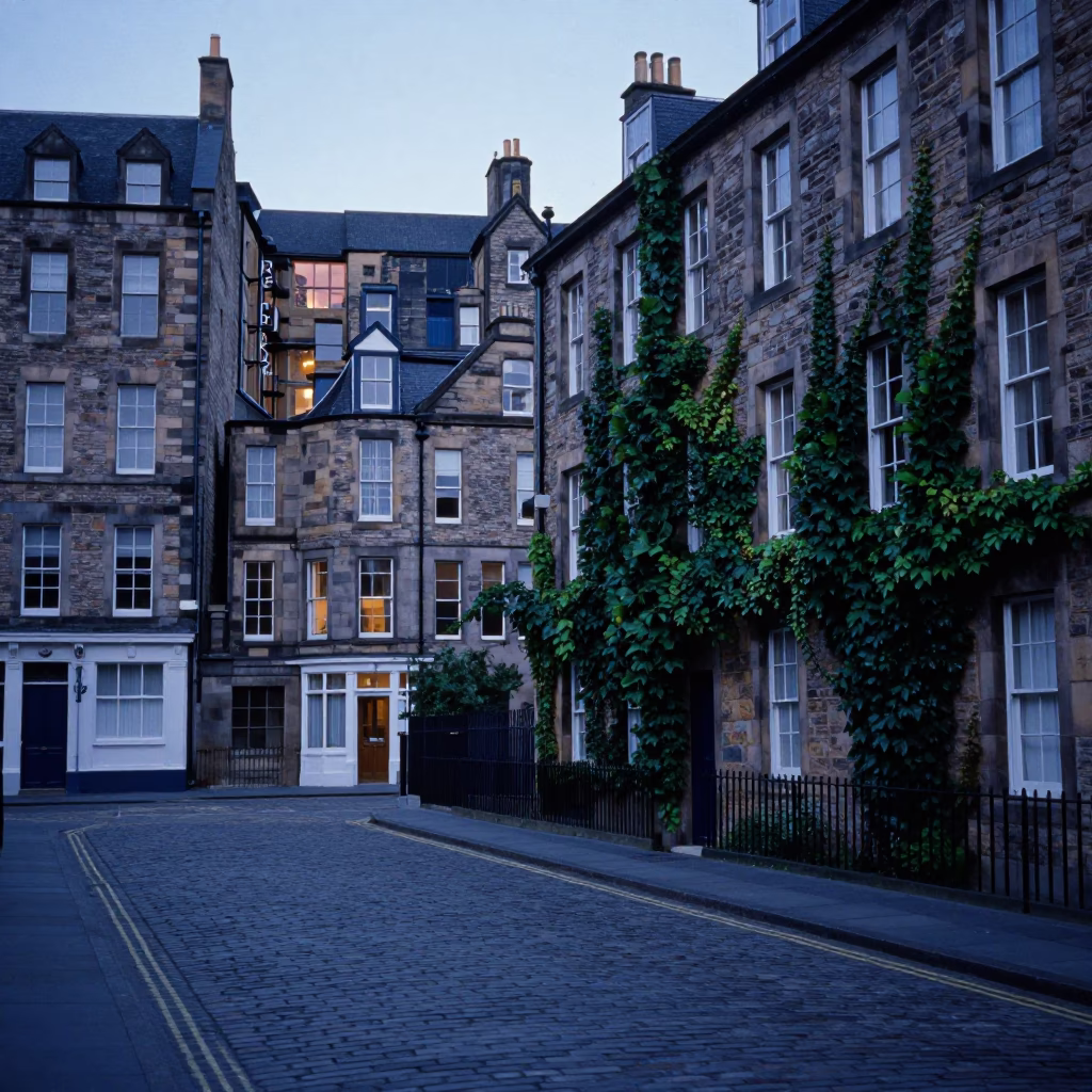 Edinburgh Evening Street Scene with Ivy Vines and Vintage Pocket Watch in in Edinburgh, United Kingdom