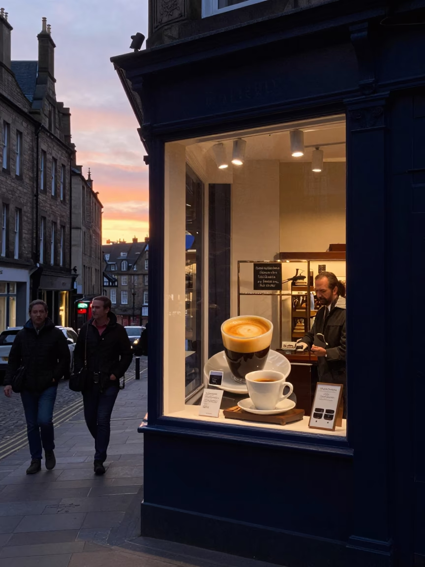 Edinburgh Evening Street Scene with Local Shop Display and Dusk Lighting in in Edinburgh, United Kingdom