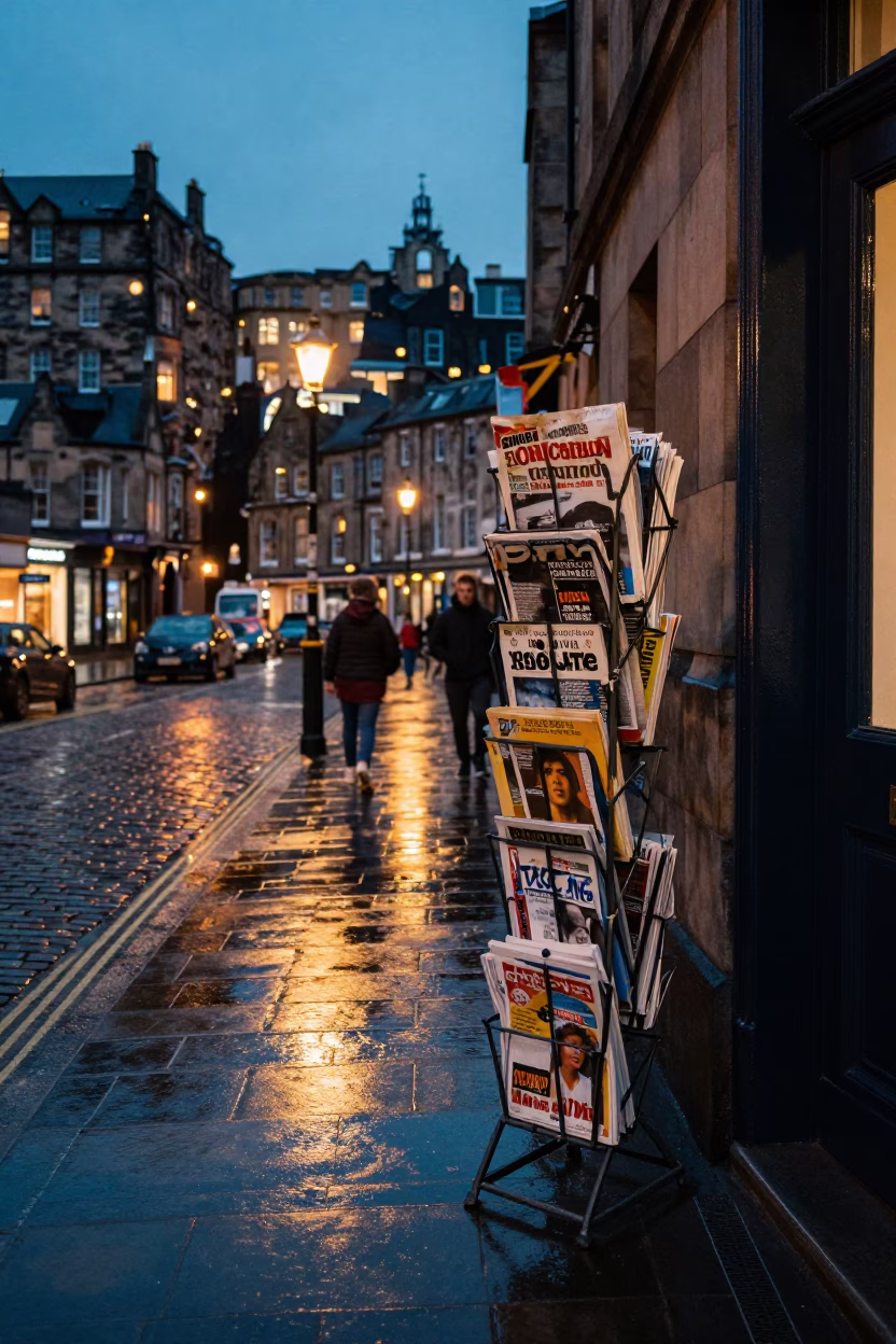 Edinburgh Evening Street Scene with Magazine Rack and City Lights in in Edinburgh, United Kingdom