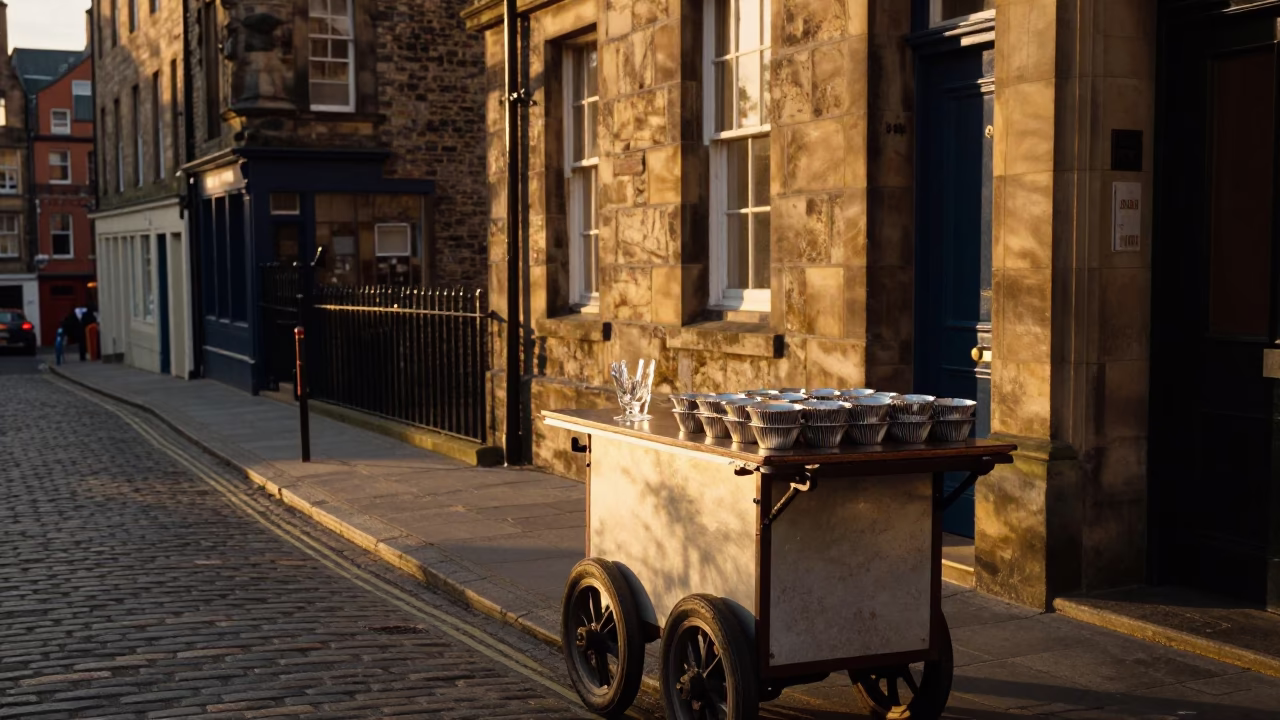 Edinburgh Evening Street Scene with Muffin Tins and Glass Rim in in Edinburgh, United Kingdom