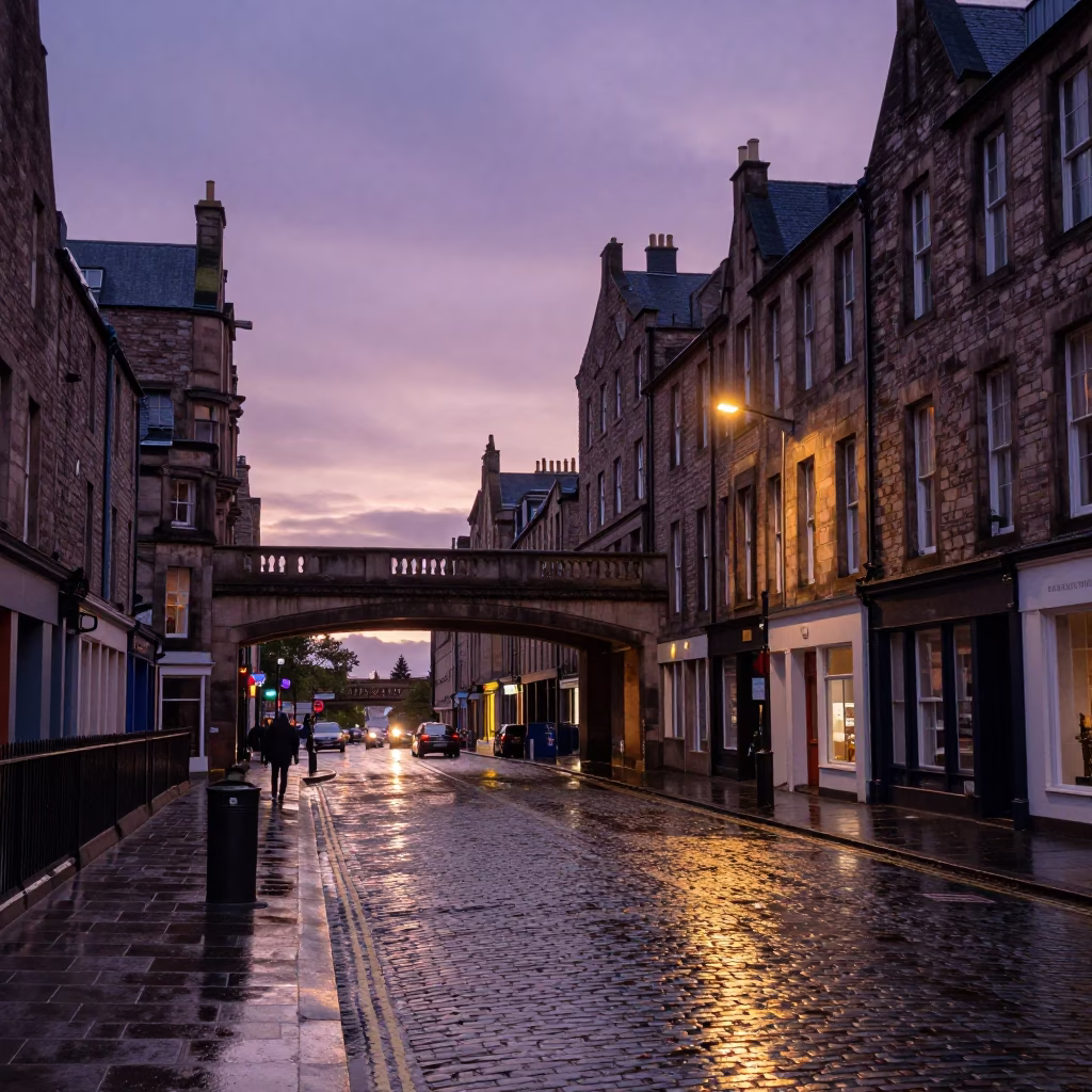Edinburgh Evening Street Scene with Overpass and Wet Pavement Reflections in in Edinburgh, United Kingdom