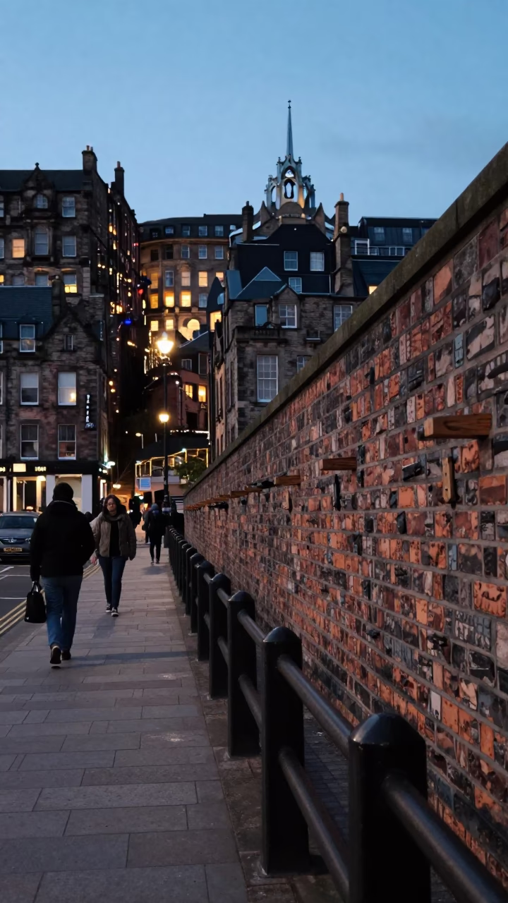 Edinburgh Evening Street Scene with Peg Rails and City Lights in in Edinburgh, United Kingdom