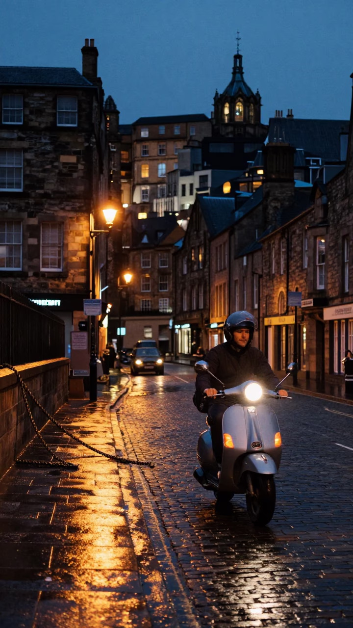 Edinburgh Evening Street Scene with Scooter and Twisted Rope Detail in in Edinburgh, United Kingdom