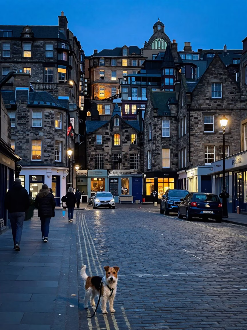 Edinburgh Evening Street Scene with Sealyham Terrier and Local Shop Window in in Edinburgh, United Kingdom