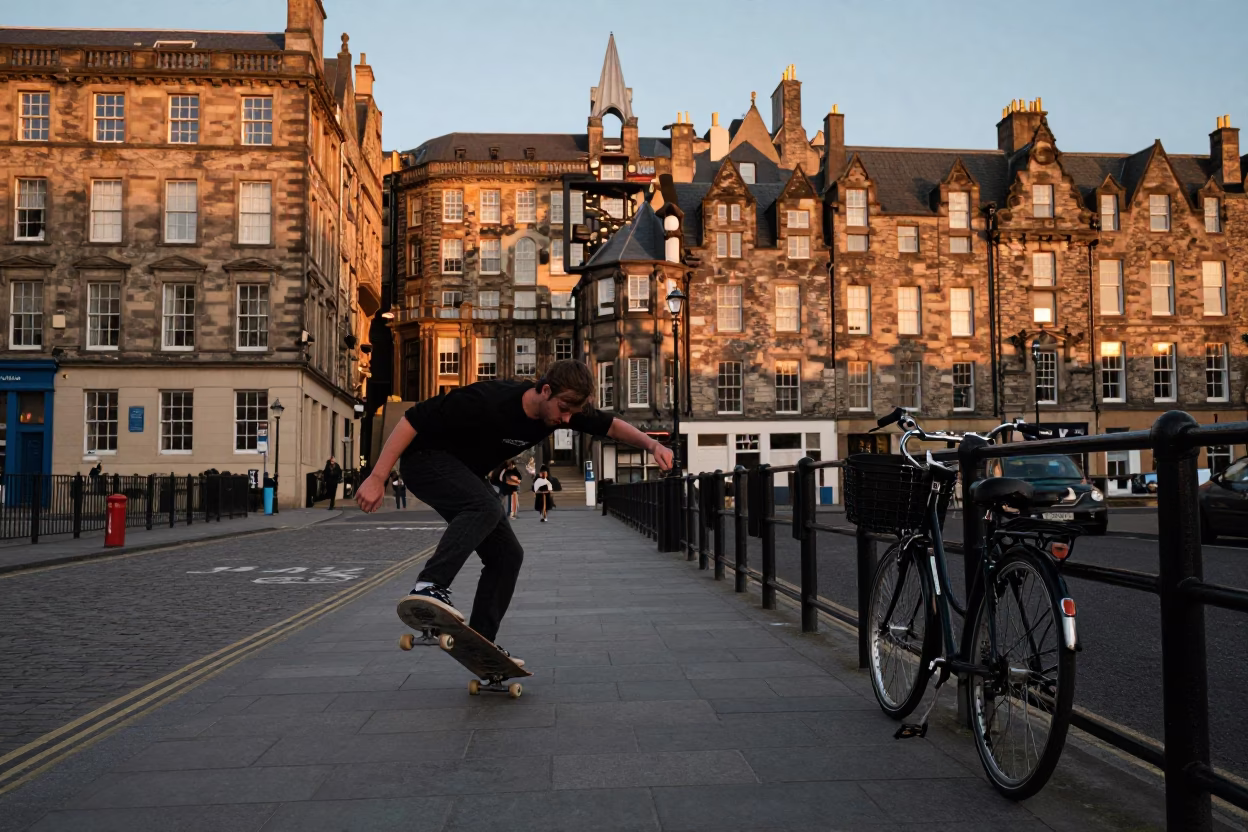 Edinburgh Evening Street Scene with Skateboarder and Bicycle Basket in Honeyed Light in in Edinburgh, United Kingdom