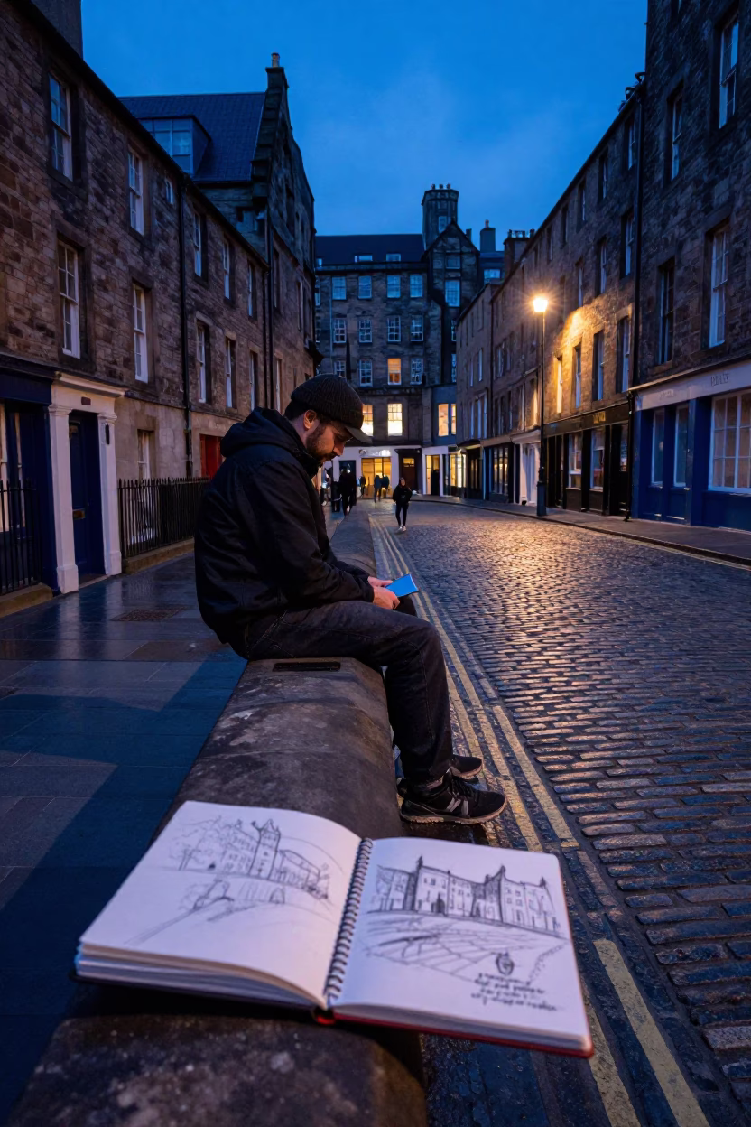 Edinburgh Evening Street Scene with Sketchbook and Cobblestones in Blue Hour Light in in Edinburgh, United Kingdom