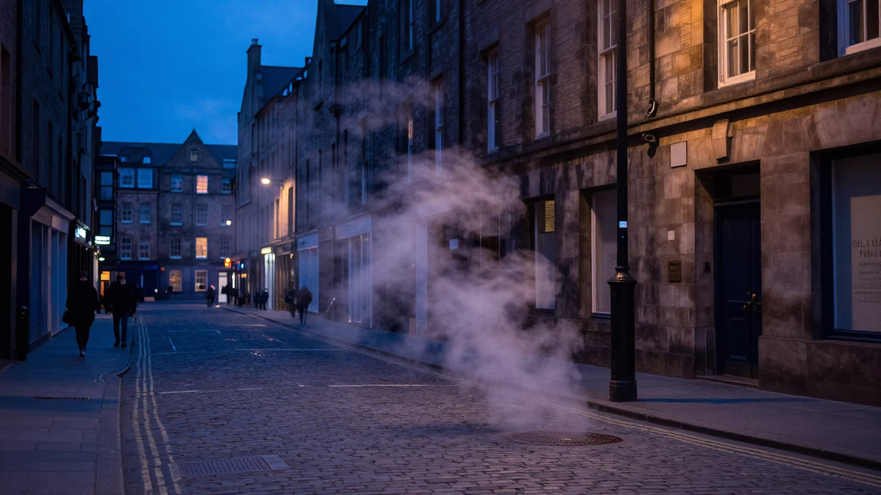Edinburgh Evening Street Scene with Steam Haze and Local Life in Blue Light in in Edinburgh, United Kingdom