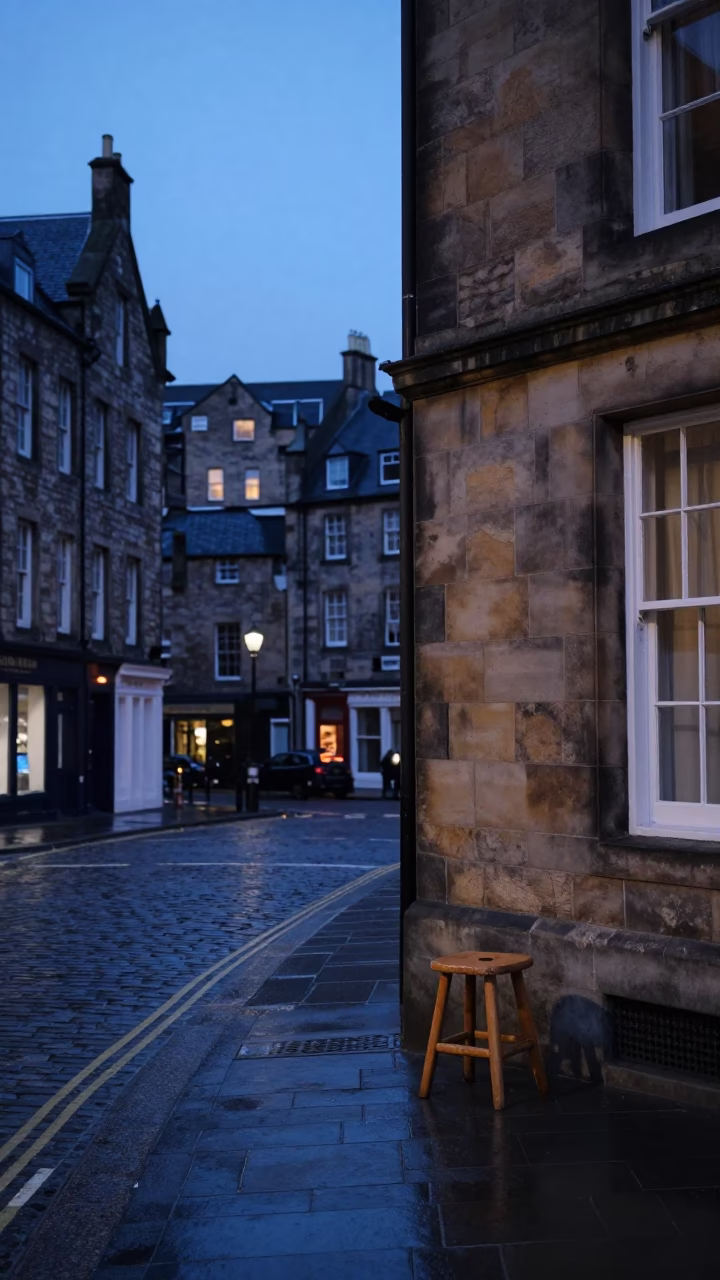 Edinburgh Evening Street Scene with Stool and Traditional Architecture in in Edinburgh, United Kingdom