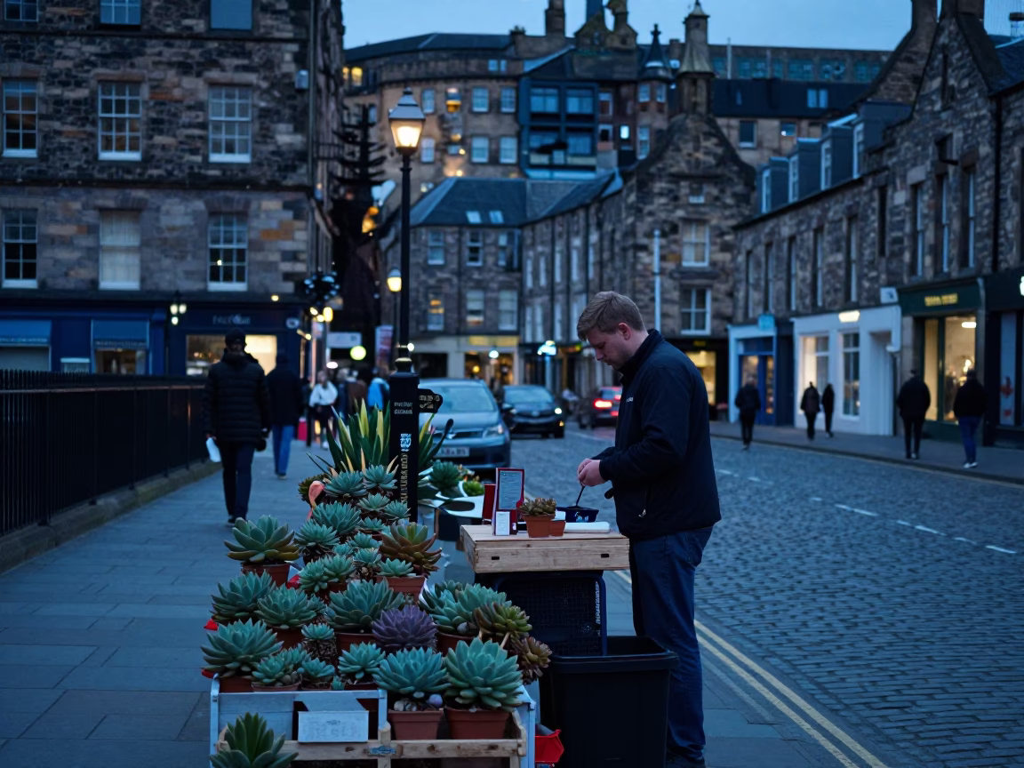Edinburgh Evening Street Scene with Succulents and Urban Architecture in in Edinburgh, United Kingdom