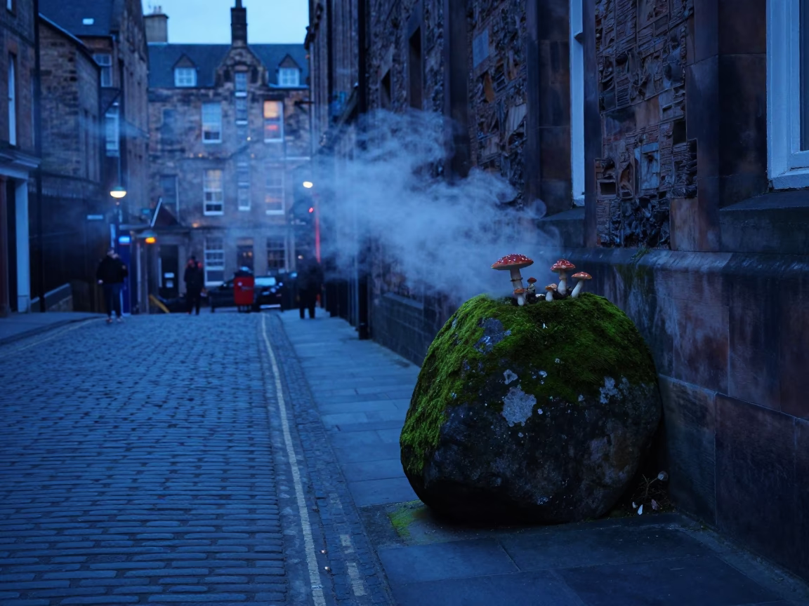 Edinburgh Evening Street Scene with Toadstools and Steam Haze in in Edinburgh, United Kingdom